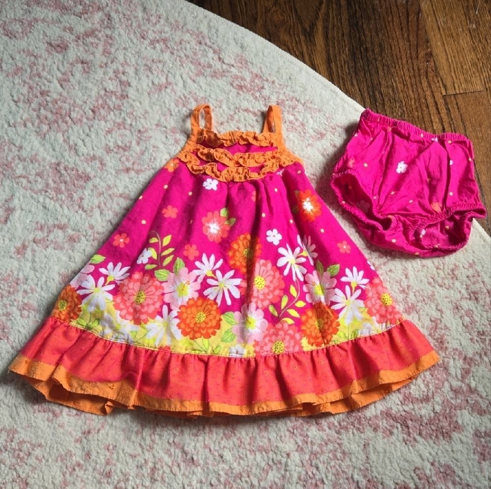 Penelope Mack pink and orange floral, lined dress with matching bloomers
